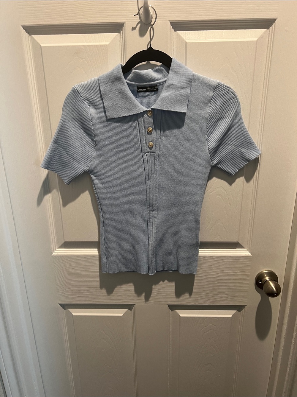 SHEIN Light Blue Short Sleeve Polo Knit Top